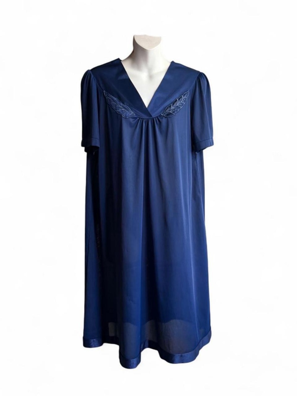 Vassarette Navy Blue Short Sleeve Chemise with Embroidered V-Neck